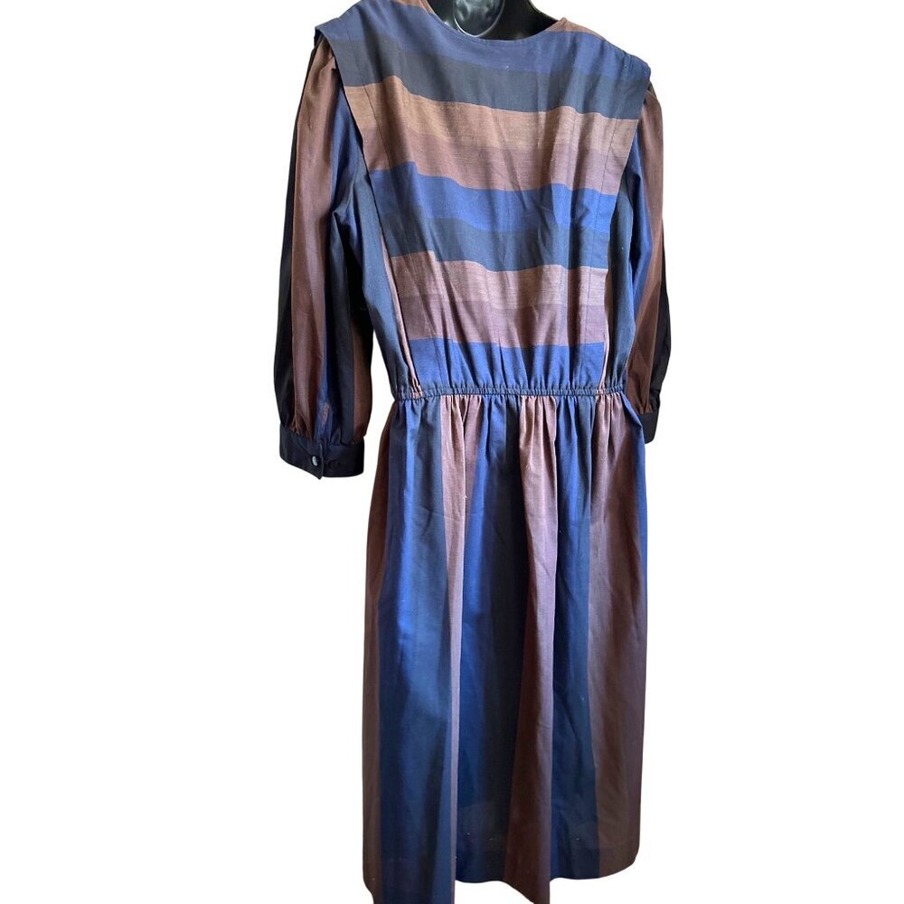 Vintage Striped Midi Dress With Button Closure & Puffed Sleeves - Picture 9 of 14